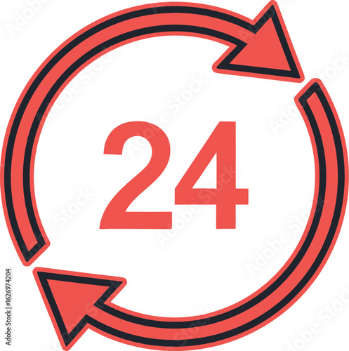 Red Circular Arrows Symbol with Number 24 hours