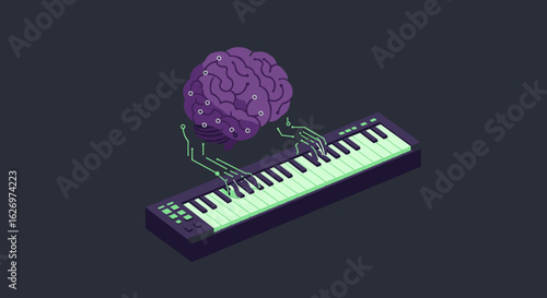 Brain with circuitry arms playing electric keyboard on dark background. Vector illustration