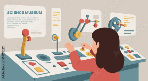 Young caucasian female exploring interactive science museum exhibit with controls and screens. Vector illustration