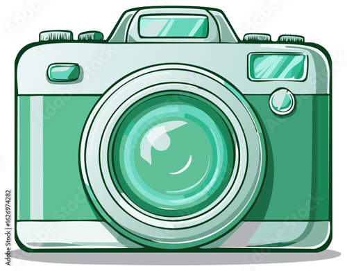 Retro green analog camera illustration in a classic cartoon style with a large lens