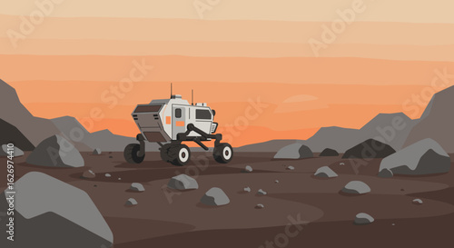 Futuristic space rover on rocky martian terrain at sunset. Vector illustration