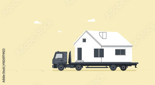 Modern house transported on flatbed truck. Vector illustration