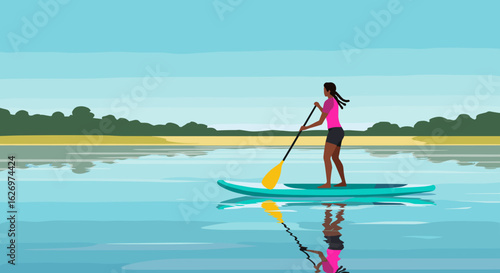 African female adult paddleboarding on calm lake with scenic sky and reflections. Vector illustration