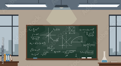 Classic classroom chalkboard with mathematical formulas and geometric diagrams. Vector illustration