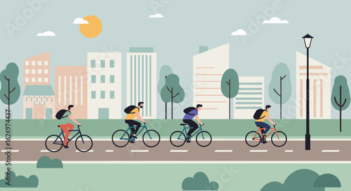 Four young adults cycling on urban path with cityscape background. Vector illustration
