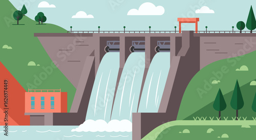 Hydro dam releasing water in lush landscape with clear sky and trees. Vector illustration