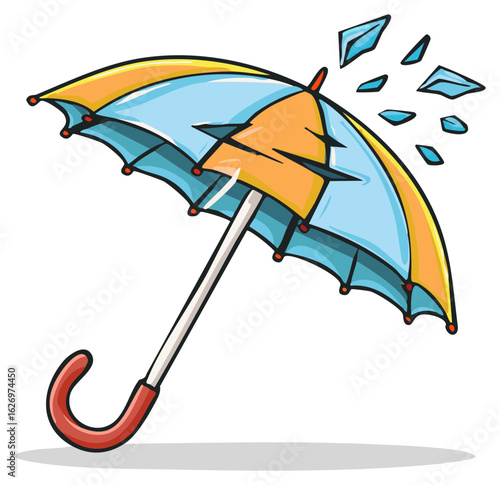 Vibrant striped umbrella breaking apart in cartoon style, symbolizing damage or powerful weather