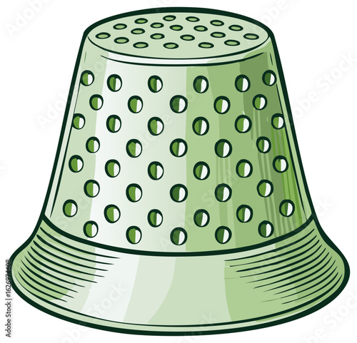A single light green metal thimble with a patterned dimple texture for sewing protection