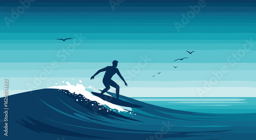 Silhouette of a male surfer riding ocean wave at sunset with birds in sky. Vector illustration