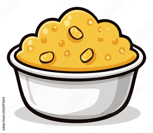 Bowl of Yellow Gruel with Beans in Cartoon Style Creamy Hot Grain Cereal Soup