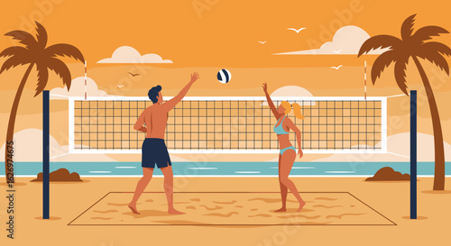 Beach volleyball game with caucasian male and female adults at sunset. Vector illustration
