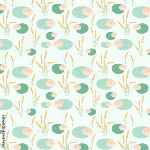 Cute Seamless Lily Water Pattern on Blue