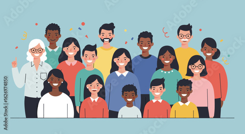 Diverse group of smiling adults and children celebrating together. Vector illustration