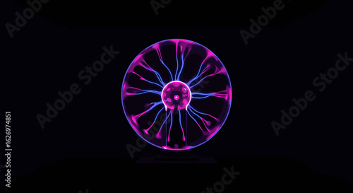 Neon plasma ball with purple and blue electric sparks on black background. Vector illustration