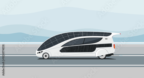 Futuristic solar-powered car on highway with blue sky background. Vector illustration