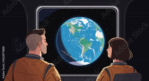 Male and female astronauts observing earth from spacecraft window. Vector illustration