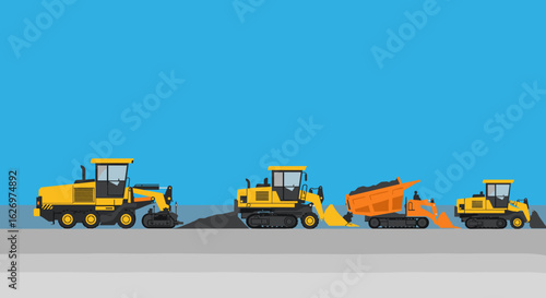 Construction vehicles on site: bulldozers, dumper trucks and road rollers in action. Vector illustration