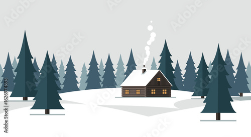 Cozy winter cabin in snowy pine forest with smoke from chimney. Vector illustration