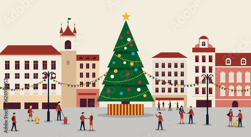 Festive town square with christmas tree and diverse people celebrating in winter. Vector illustration