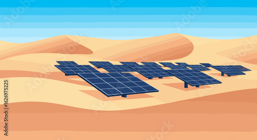 Solar panels in desert sand dunes under bright blue sky for sustainable energy production. Vector illustration