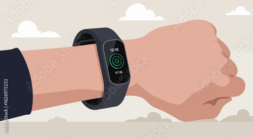 Smartwatch on male hand displaying time and fitness tracker interface. Vector illustration