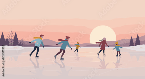 Family ice skating at sunset on winter lake with caucasian adults and children in warm clothing. Vector illustration