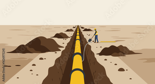 Worker installing underground pipeline in desert environment. Vector illustration