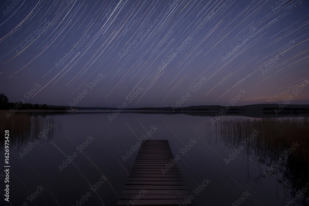 Obraz premium Captivating night sky star trails over tranquil lake with wooden pier reflecting celestial magic