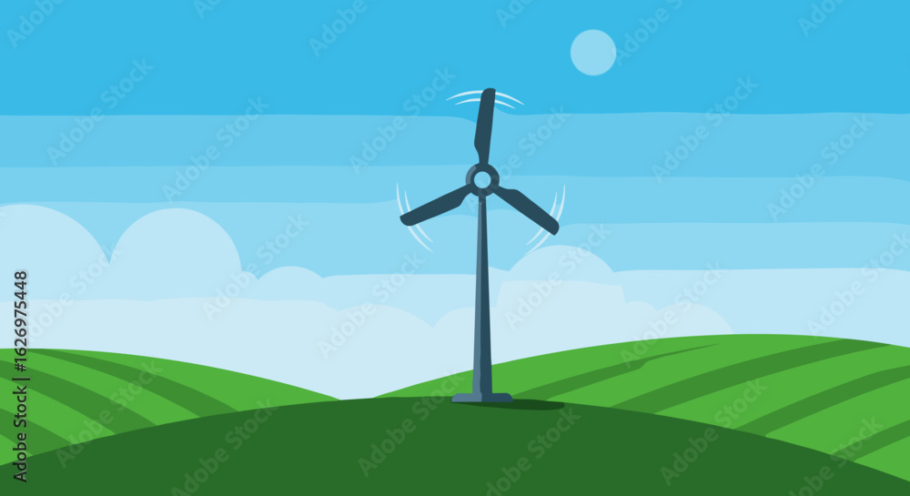 Fototapeta premium Wind turbine on green hills under blue sky and sun. Vector illustration