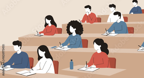 Students in lecture hall taking notes and studying with focused expressions. Vector illustration
