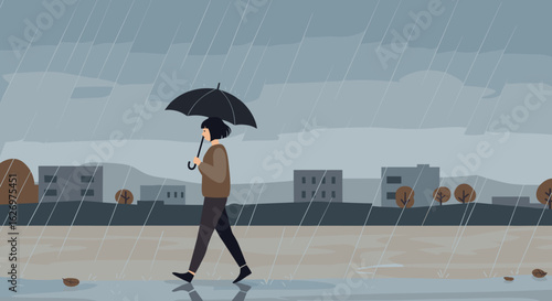 Young asian female walking with umbrella in rainy urban landscape. Vector illustration