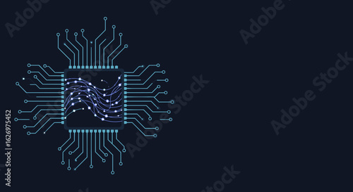 Circuit pattern microchip design with digital connections on dark background. Vector illustration