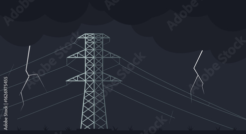 Thunderstorm at night with lightning strikes and electrical tower. Vector illustration