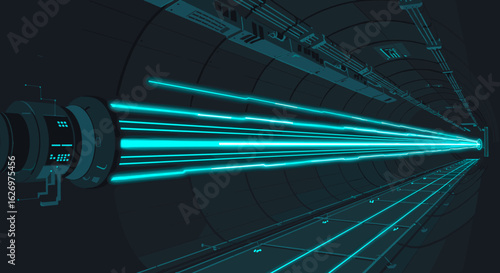 Futuristic sci-fi tunnel with neon lights and digital technology. Vector illustration