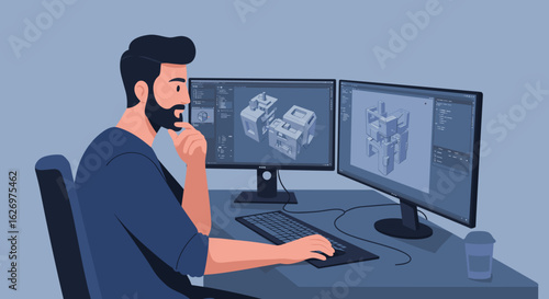 Caucasian male adult working on 3d modeling software at dual monitors design studio. Vector illustration