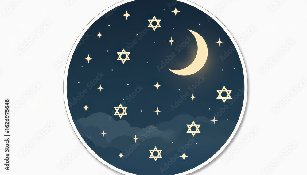 Fototapeta premium Flat vector sticker of a pale gold crescent moon glowing softly amid six-pointed stars in a deep twilight blue sky, tranquil night prayer concept.