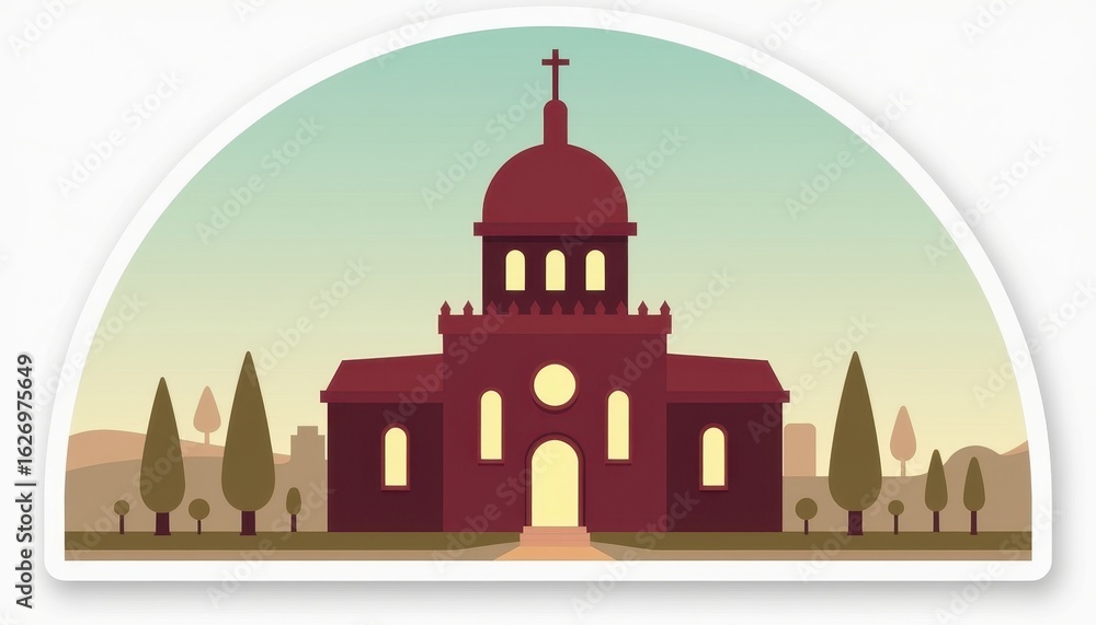 Fototapeta premium Sticker with a simplified silhouette of a synagogue featuring a domed roof and arched windows, set against a muted teal sky with olive trees, spiritual reflection concept.