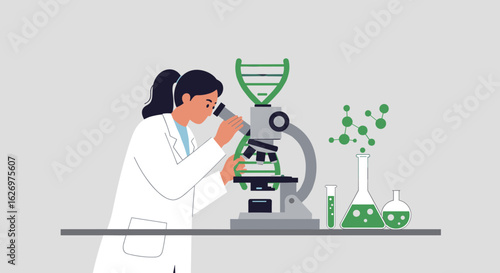Female scientist using microscope in laboratory experiment with chemical analysis. Vector illustration