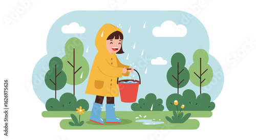 Young caucasian girl enjoying rainy day in nature with red bucket and yellow raincoat. Vector illustration