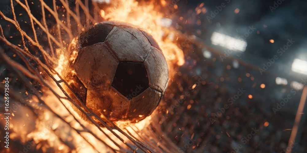 Fototapeta premium Fiery Soccer Ball Scoring in Intense Stadium Match