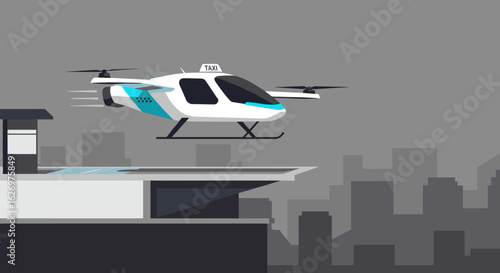Futuristic air taxi hovering above cityscape with helipad landing. Vector illustration