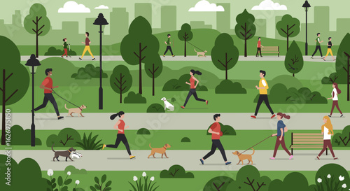 Diverse adults and dogs enjoy leisurely day at lush green city park. Vector illustration