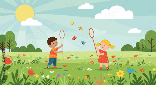 Children playing in sunny meadow, butterfly nets, caucasian female, african male, happy outdoors. Vector illustration