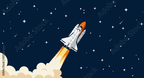 Space shuttle launching into starry night sky with bright flames and smoke. Vector illustration