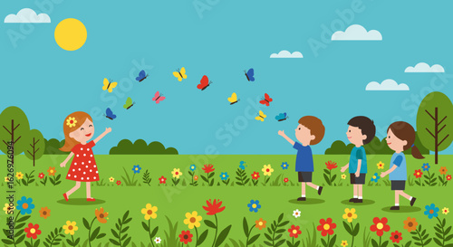 Children playing with butterflies in colorful summer field. Vector illustration