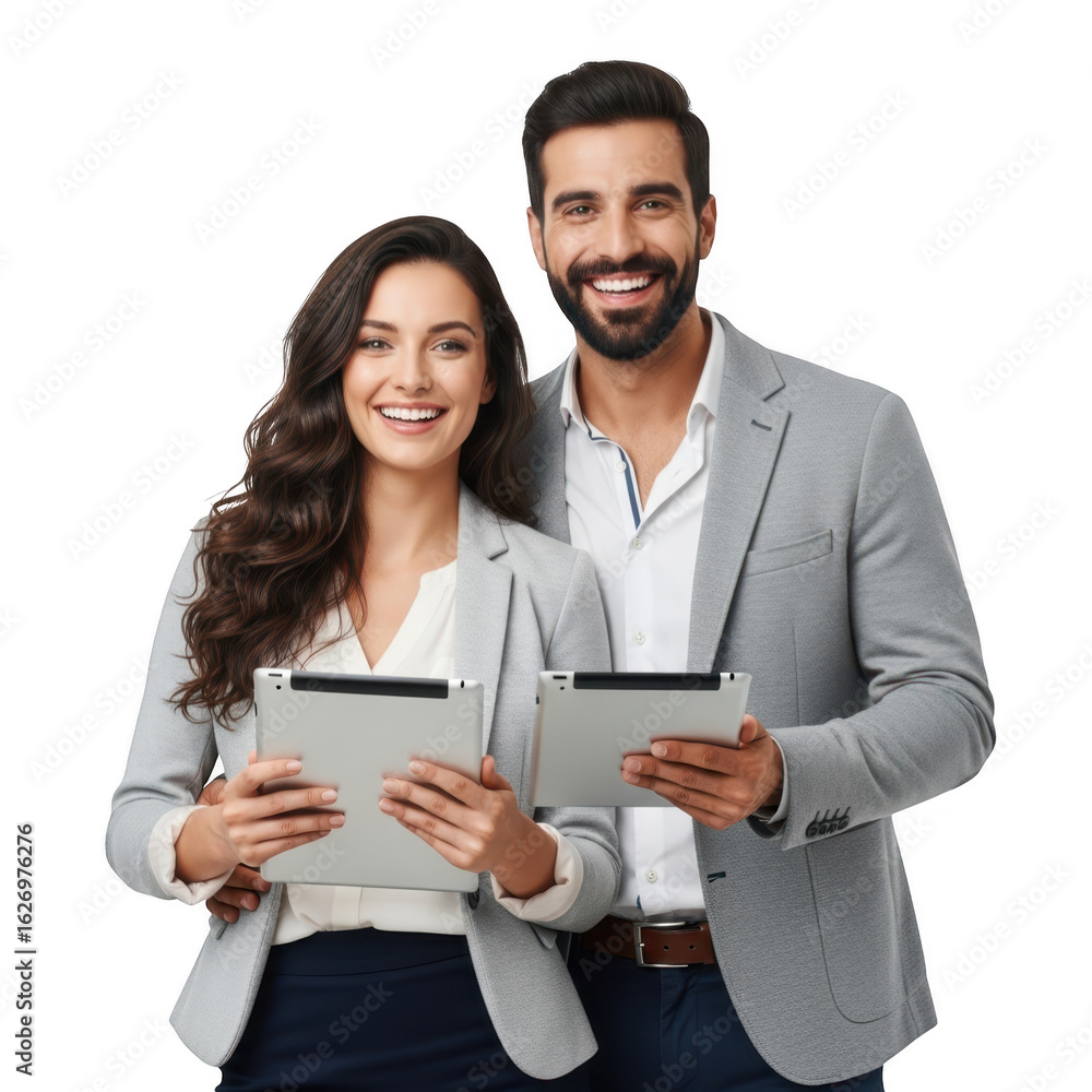 Smiling business couple holding tablets isolated on transparent background Smiling business couple holding tablets isolated on transparent background