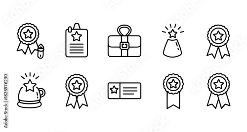 Collection of achievement and recognition icons featuring ribbons stars trophies and certificates
