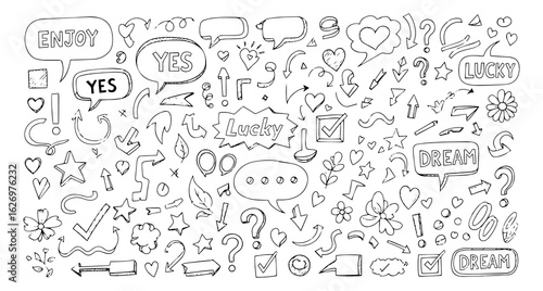 A whimsical collection of hand drawn doodle elements featuring positive words and symbols