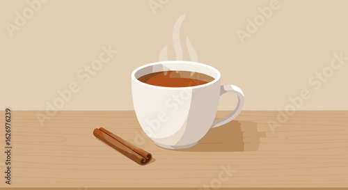 Steaming cup of hot coffee with cinnamon stick on wooden table. Vector illustration