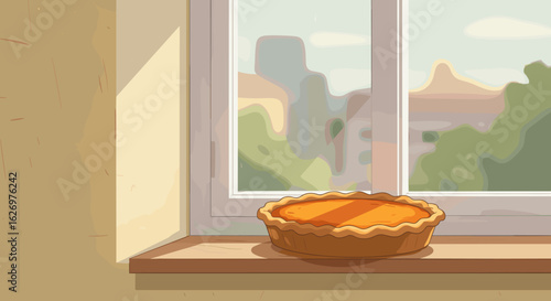 Warm sunlit window sill with delicious homemade pumpkin pie. Vector illustration